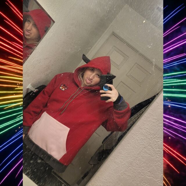Ignore the dirty mirror, it's hard to keep it clean. But my Emotional Support Demon hoodie is here!!!!!